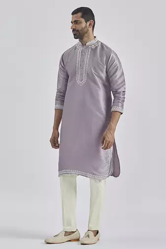 purple hand embroidered silk blend kurta pyjama set | wedding festive wear