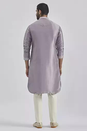 purple hand embroidered silk blend kurta pyjama set | wedding festive wear
