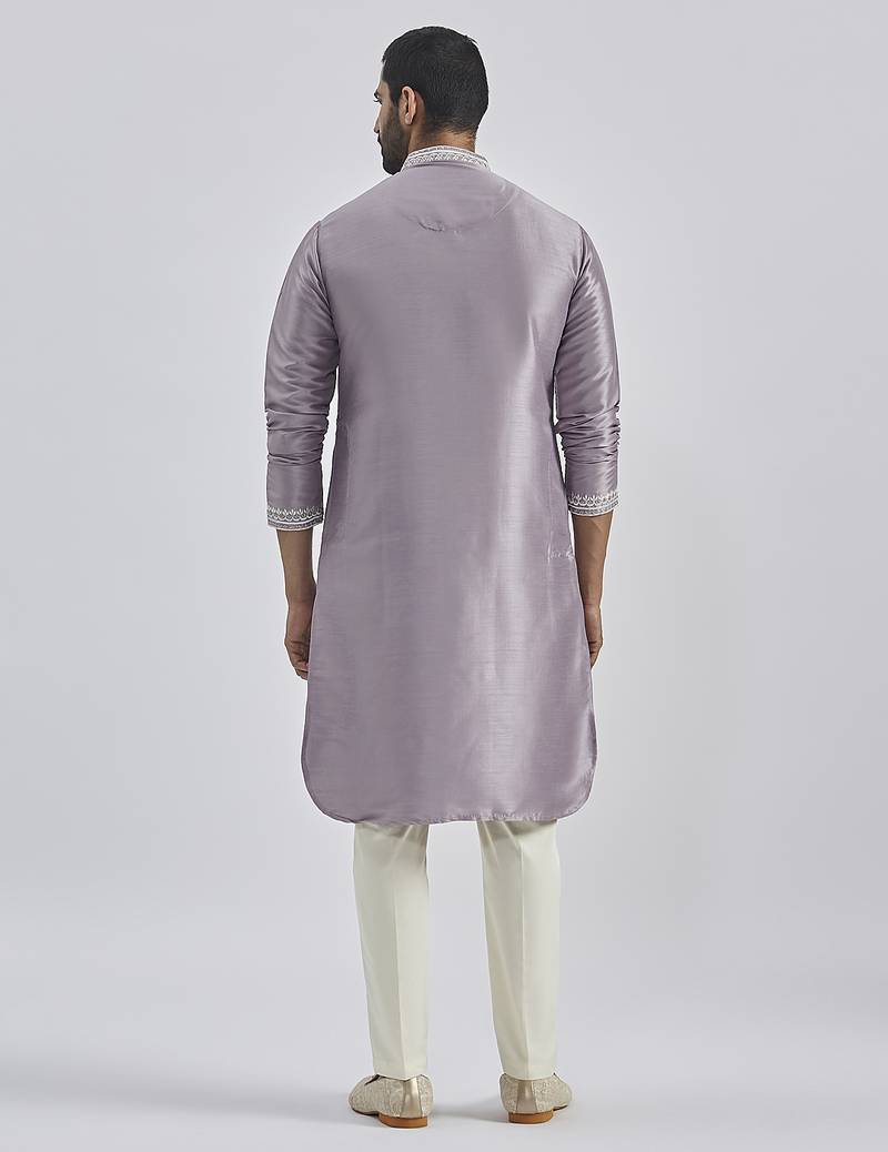 purple hand embroidered silk blend kurta pyjama set | wedding festive wear
