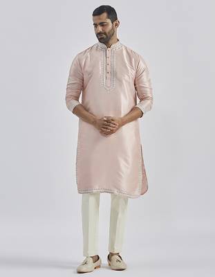 peach hand embroidered silk blend kurta pyjama set | wedding festive wear 1