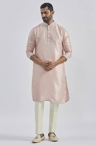 peach hand embroidered silk blend kurta pyjama set | wedding festive wear