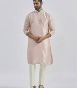peach hand embroidered silk blend kurta pyjama set | wedding festive wear