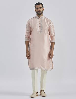 peach hand embroidered silk blend kurta pyjama set | wedding festive wear 2