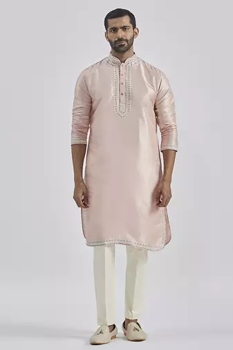 peach hand embroidered silk blend kurta pyjama set | wedding festive wear