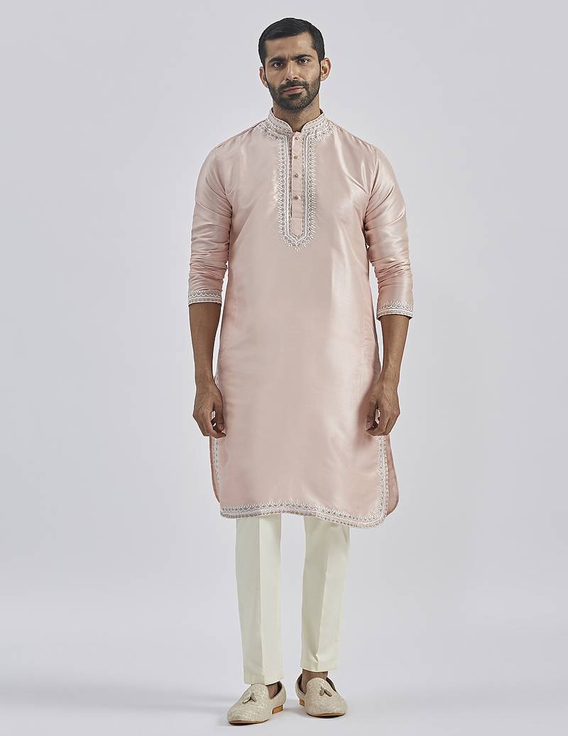 peach hand embroidered silk blend kurta pyjama set | wedding festive wear