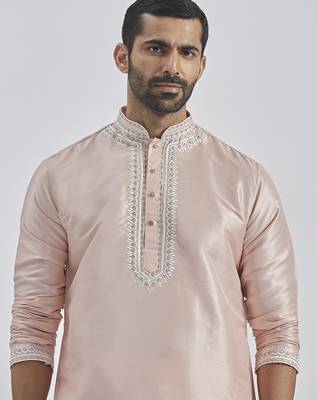 peach hand embroidered silk blend kurta pyjama set | wedding festive wear 3