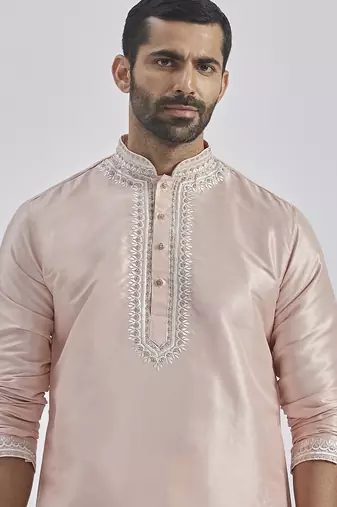 peach hand embroidered silk blend kurta pyjama set | wedding festive wear