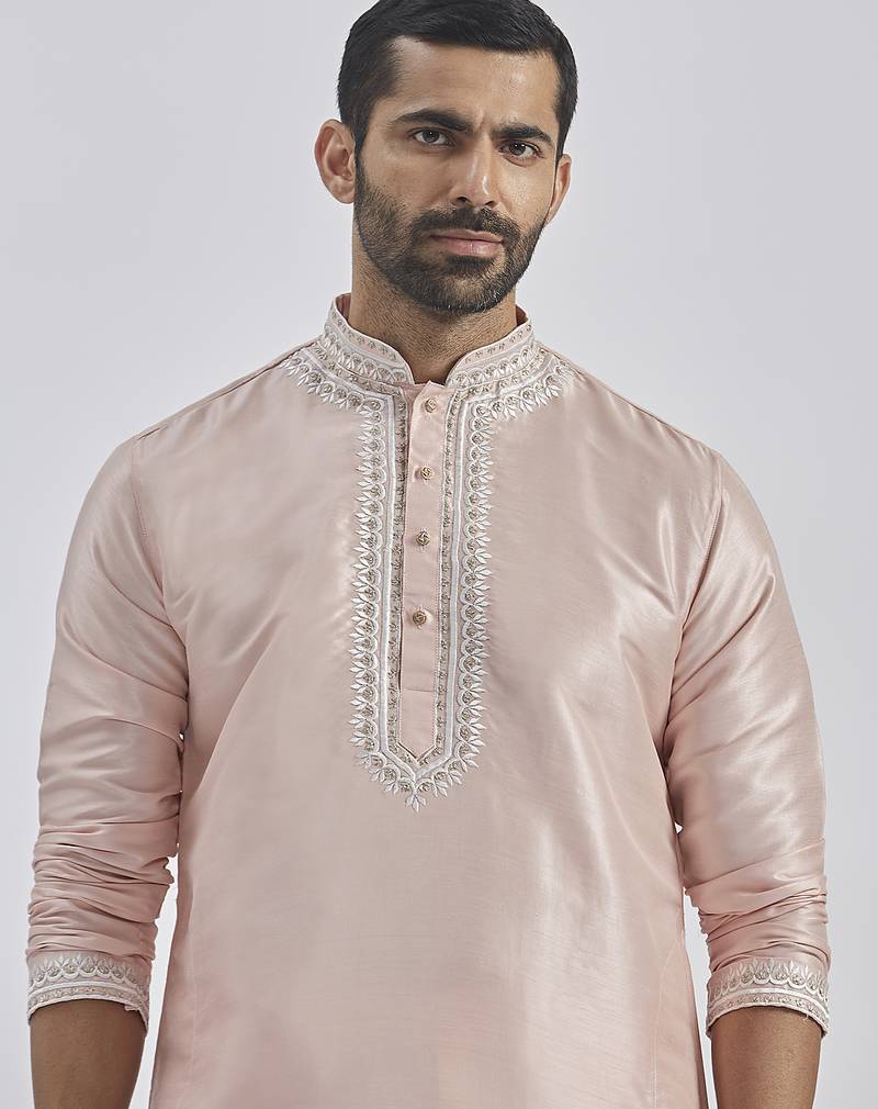 peach hand embroidered silk blend kurta pyjama set | wedding festive wear