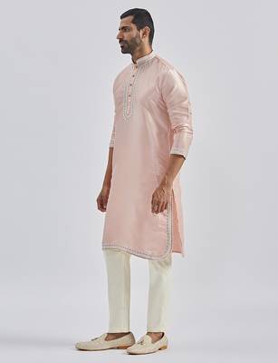 peach hand embroidered silk blend kurta pyjama set | wedding festive wear 4