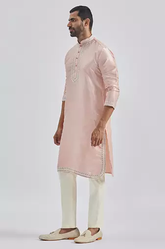 peach hand embroidered silk blend kurta pyjama set | wedding festive wear