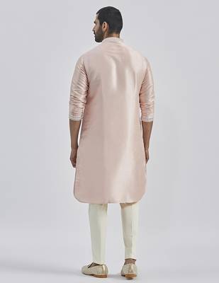 peach hand embroidered silk blend kurta pyjama set | wedding festive wear 5