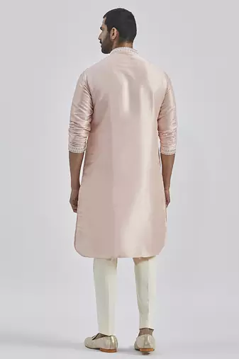 peach hand embroidered silk blend kurta pyjama set | wedding festive wear