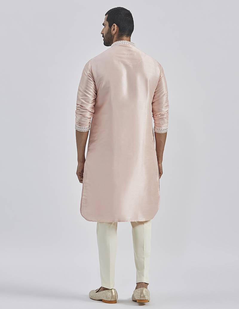 peach hand embroidered silk blend kurta pyjama set | wedding festive wear