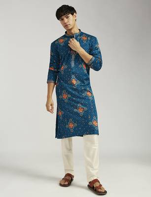 turquoise chinon bandhani kurta with cream satin pyjama | festive wedding ensemble 1
