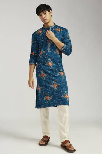 turquoise chinon bandhani kurta with cream satin pyjama | festive wedding ensemble