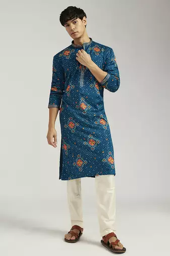 turquoise chinon bandhani kurta with cream satin pyjama | festive wedding ensemble