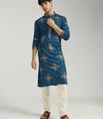 turquoise chinon bandhani kurta with cream satin pyjama | festive wedding ensemble