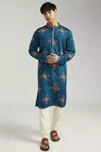 turquoise chinon bandhani kurta with cream satin pyjama | festive wedding ensemble