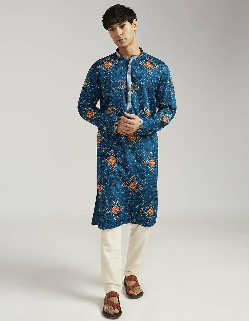turquoise chinon bandhani kurta with cream satin pyjama | festive wedding ensemble