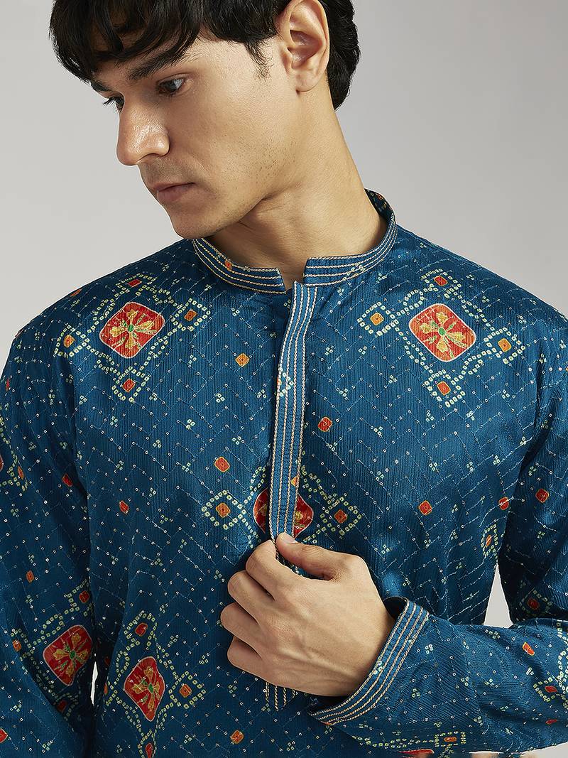 turquoise chinon bandhani kurta with cream satin pyjama | festive wedding ensemble