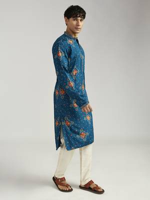 turquoise chinon bandhani kurta with cream satin pyjama | festive wedding ensemble 4