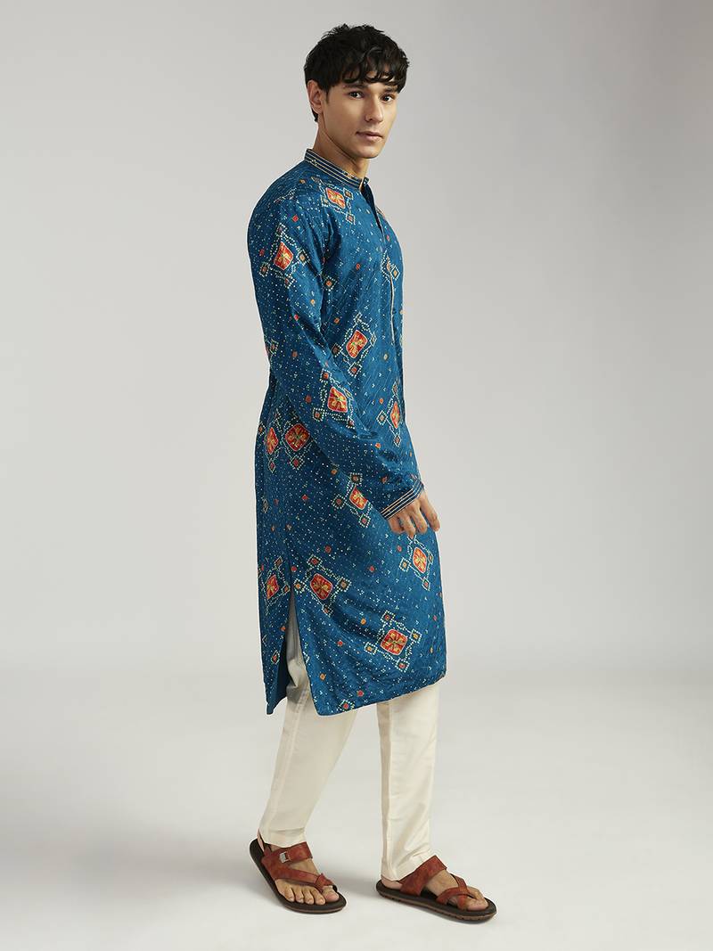 turquoise chinon bandhani kurta with cream satin pyjama | festive wedding ensemble