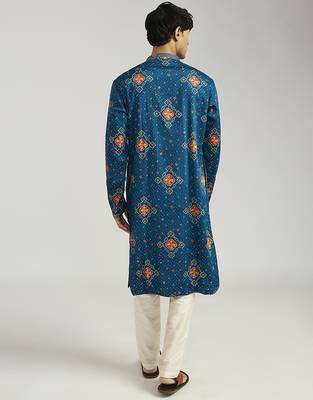 turquoise chinon bandhani kurta with cream satin pyjama | festive wedding ensemble 5