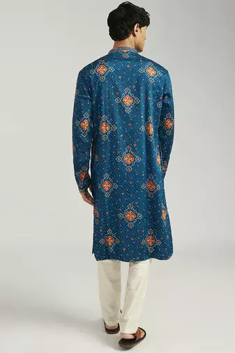 turquoise chinon bandhani kurta with cream satin pyjama | festive wedding ensemble