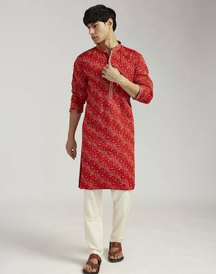 red pure chinon bandhani kurta with cream satin pyjama | wedding festive set 1