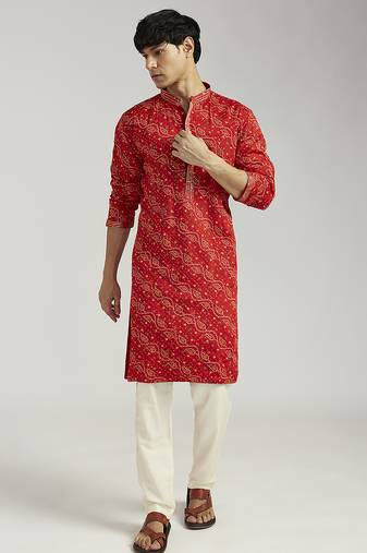 red pure chinon bandhani kurta with cream satin pyjama | wedding festive set