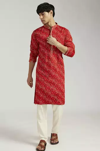 red pure chinon bandhani kurta with cream satin pyjama | wedding festive set