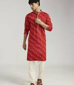 red pure chinon bandhani kurta with cream satin pyjama | wedding festive set