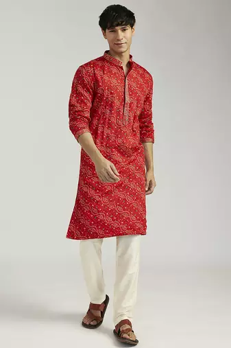 red pure chinon bandhani kurta with cream satin pyjama | wedding festive set