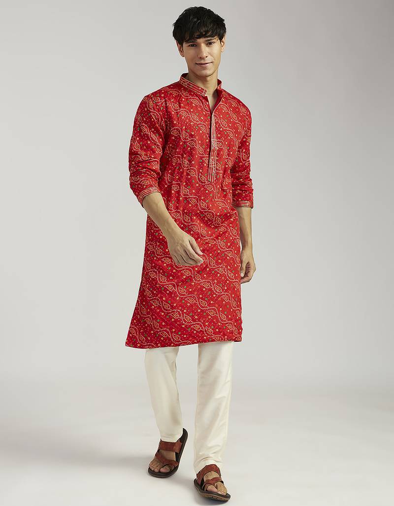 red pure chinon bandhani kurta with cream satin pyjama | wedding festive set