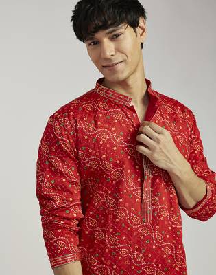 red pure chinon bandhani kurta with cream satin pyjama | wedding festive set 3