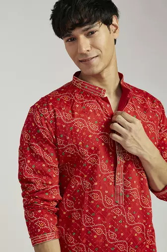 red pure chinon bandhani kurta with cream satin pyjama | wedding festive set