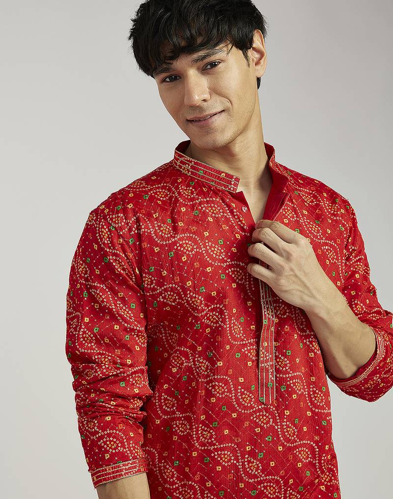 red pure chinon bandhani kurta with cream satin pyjama | wedding festive set