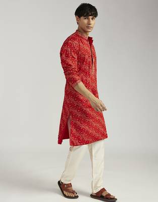 red pure chinon bandhani kurta with cream satin pyjama | wedding festive set 4