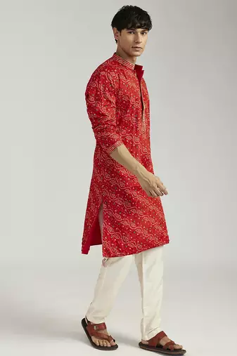 red pure chinon bandhani kurta with cream satin pyjama | wedding festive set