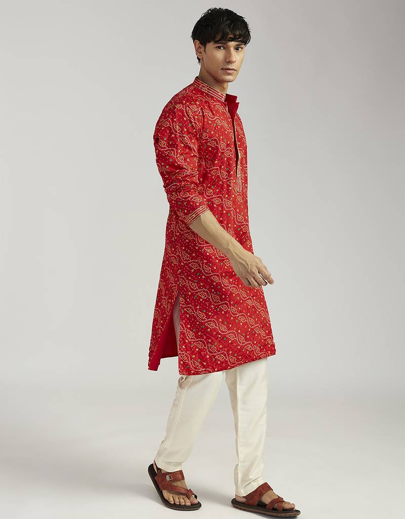 red pure chinon bandhani kurta with cream satin pyjama | wedding festive set