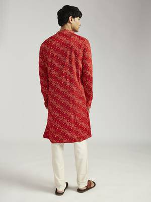 red pure chinon bandhani kurta with cream satin pyjama | wedding festive set 5