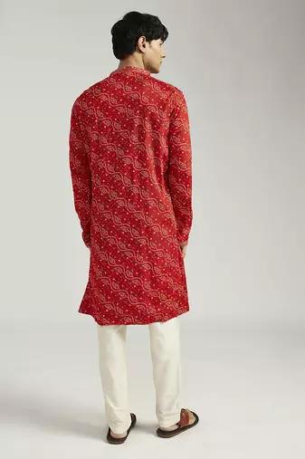 red pure chinon bandhani kurta with cream satin pyjama | wedding festive set
