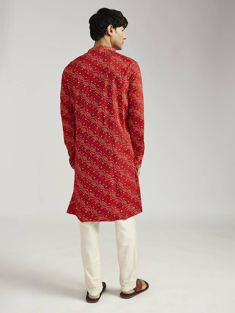 red pure chinon bandhani kurta with cream satin pyjama | wedding festive set