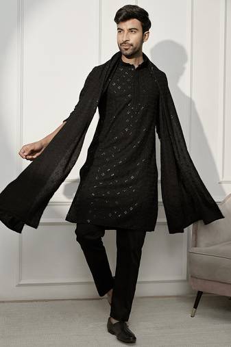 black rayon chikankari kurta pyjama dupatta set | wedding festive ethnic wear 3-piece