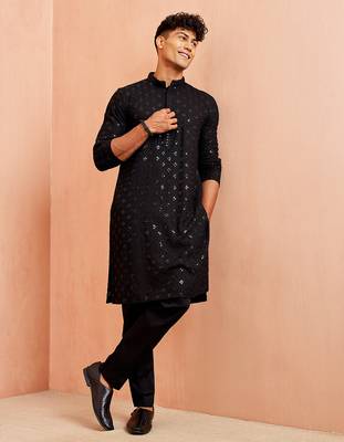 black rayon chikankari sequin embroidered kurta pyjama set | festive wedding wear 1