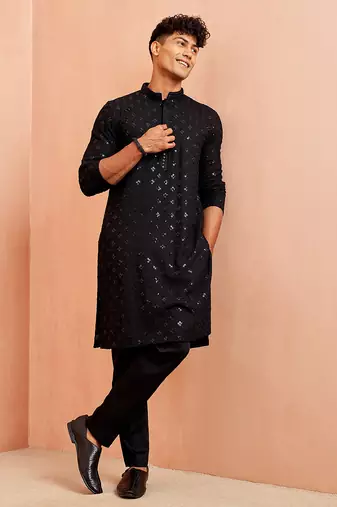 black rayon chikankari sequin embroidered kurta pyjama set | festive wedding wear