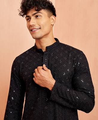 black rayon chikankari sequin embroidered kurta pyjama set | festive wedding wear 2