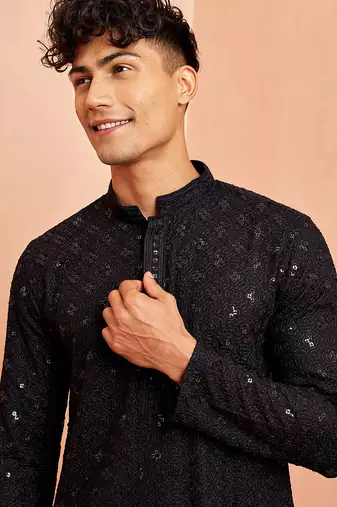 black rayon chikankari sequin embroidered kurta pyjama set | festive wedding wear