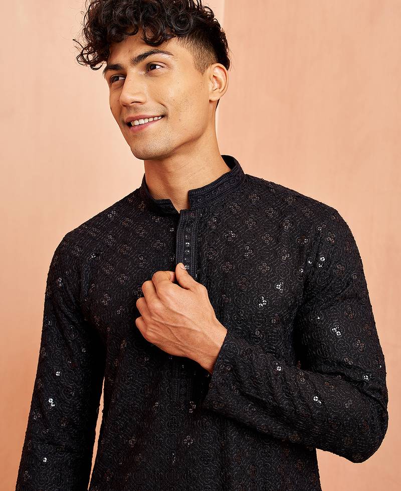 black rayon chikankari sequin embroidered kurta pyjama set | festive wedding wear