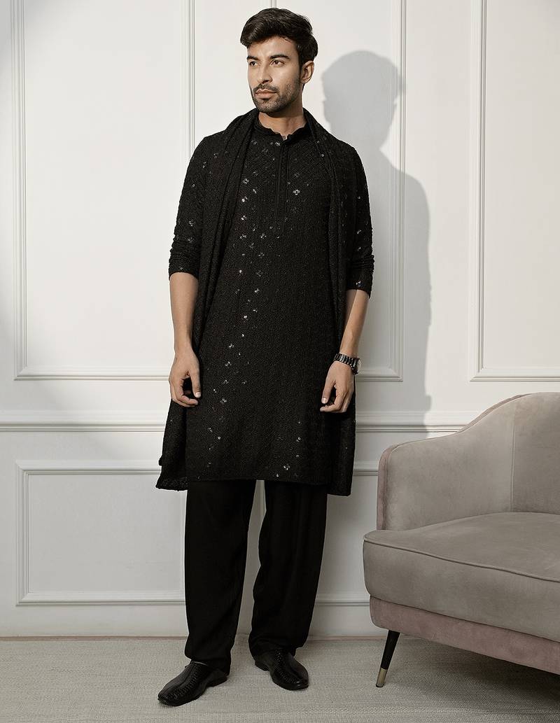 black rayon chikankari kurta pyjama dupatta set | wedding festive ethnic wear 3-piece